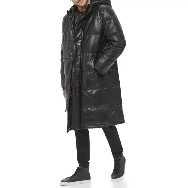 imageDKNY Mens Faux Leather Long Quilted Fashion CoatBlack