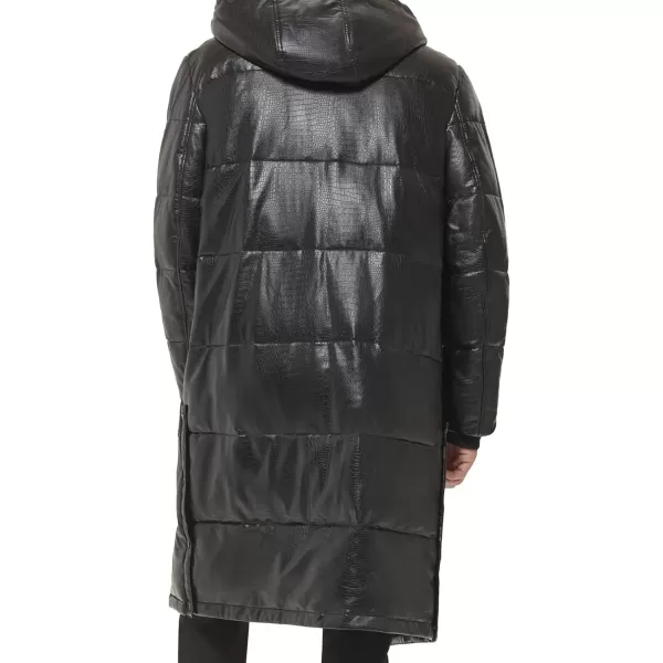 imageDKNY Mens Faux Leather Long Quilted Fashion CoatBlack