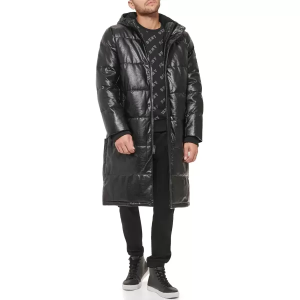 imageDKNY Mens Faux Leather Long Quilted Fashion CoatBlack