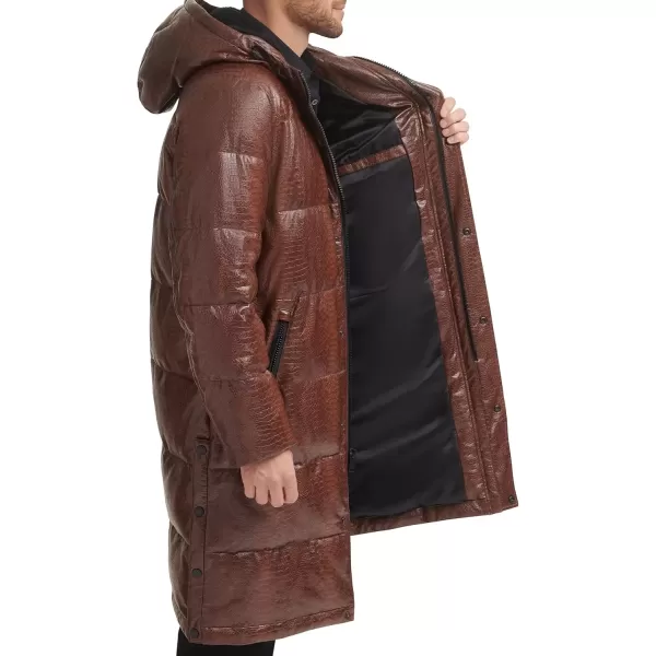 imageDKNY Mens Faux Leather Long Quilted Fashion CoatBrown