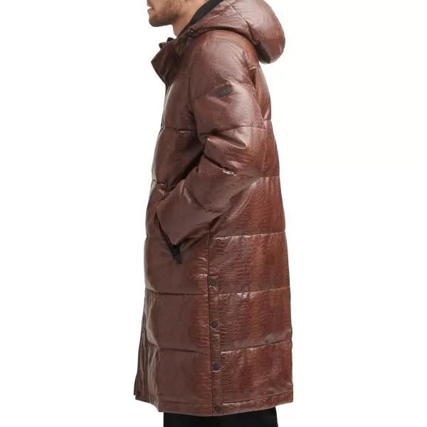 imageDKNY Mens Faux Leather Long Quilted Fashion CoatBrown