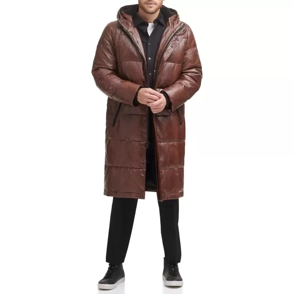 imageDKNY Mens Faux Leather Long Quilted Fashion CoatBrown