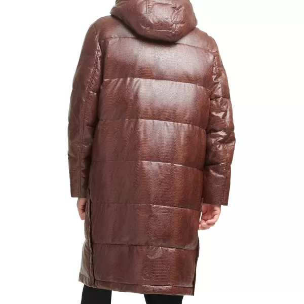 imageDKNY Mens Faux Leather Long Quilted Fashion CoatBrown