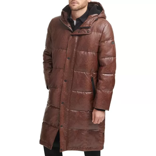 imageDKNY Mens Faux Leather Long Quilted Fashion CoatBrown