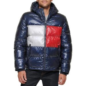 imageTommy Hilfiger Mens Hooded Puffer Jacket Standard and Big ampamp TallPearlized Navy Tommy Flag