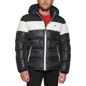 imageTommy Hilfiger Mens Hooded Puffer Jacket Standard and Big ampamp TallBlackWhite Mixed Media Stripe