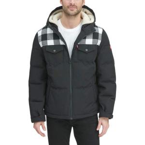 imageLevis Mens Performance Hooded Puffer Trucker Jacket Regular ampamp Big ampamp Tall SizesWhite PlaidBlack