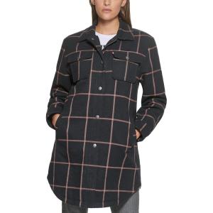 imageLevis Womens Wool Blend Sherpa Lined Long ShacketNavyPeach Window Plaid