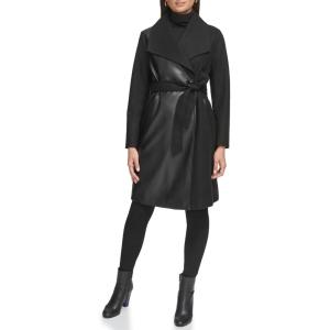 imageKenneth Cole Womens Military Wool Blend OvercoatFaux Leather Black
