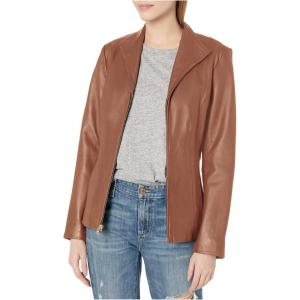 imageCole Haan Womens Leather Wingtip Collared JacketCognac