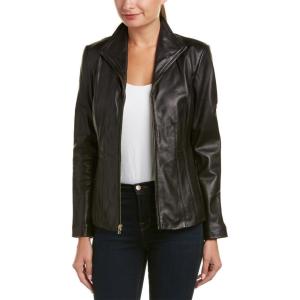 imageCole Haan Womens Leather Wingtip Collared JacketDark Black