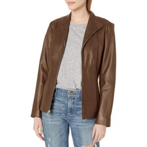imageCole Haan Womens Leather Wingtip Collared JacketHickory