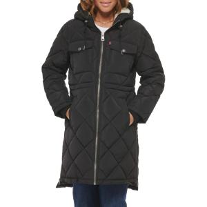 imageLevis Womens Soft Sherpa Lined Diamond Quilted Long Parka JacketBlack