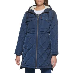 imageLevis Womens Soft Sherpa Lined Diamond Quilted Long Parka JacketNavy