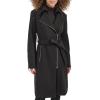 imageKenneth Cole Womens Tweed Textured Asymmetrical Zip Belted Wool Coat with Zipper TrimBlack