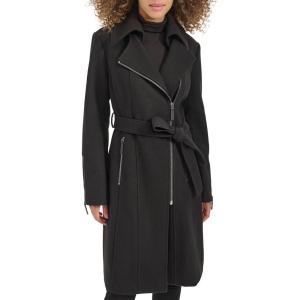 imageKenneth Cole Womens Tweed Textured Asymmetrical Zip Belted Wool Coat with Zipper TrimBlack