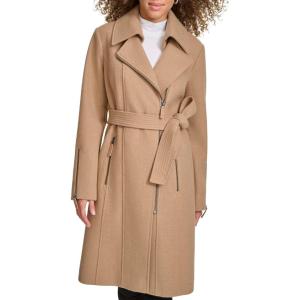imageKenneth Cole Womens Tweed Textured Asymmetrical Zip Belted Wool Coat with Zipper TrimCamel