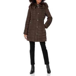 imageKenneth Cole Womens Heavy Weight Mix Media Full Sherpa Lined Puffer JacketWaist Detail Dark Roast