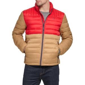 imageTommy Hilfiger Mens Ultra Loft Lightweight Packable Puffer Jacket Standard and Big ampamp TallKhakiRed Colorblock