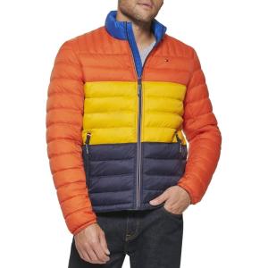 imageTommy Hilfiger Mens Ultra Loft Lightweight Packable Puffer Jacket Standard and Big ampamp TallOrangeYellowMidnight Colorblock