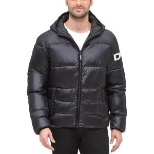 imageDKNY Mens Water Resistant Ultra Loft Hooded Logo Puffer Jacket Standard and Big ampamp TallBlack