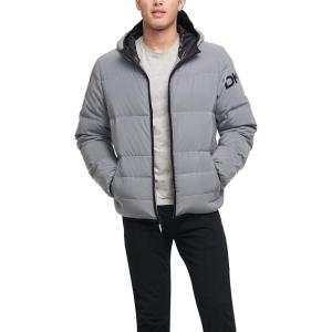 imageDKNY Mens Water Resistant Ultra Loft Hooded Logo Puffer Jacket Standard and Big ampamp TallReflective