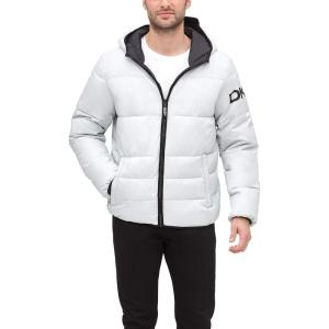 imageDKNY Mens Water Resistant Ultra Loft Hooded Logo Puffer Jacket Standard and Big ampamp TallSilver