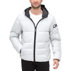 imageDKNY Mens Water Resistant Ultra Loft Hooded Logo Puffer Jacket Standard and Big ampamp TallUltra Loft Silver