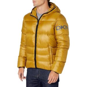 imageDKNY Mens Water Resistant Ultra Loft Hooded Logo Puffer Jacket Standard and Big ampamp TallYellow