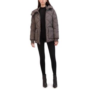 imageKenneth Cole Womens Diamond Quilted Crinkle Nylon Puffer with Attached HoodGunmetal
