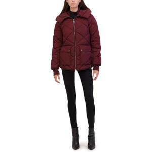 imageKenneth Cole Womens Diamond Quilted Crinkle Nylon Puffer with Attached HoodWine