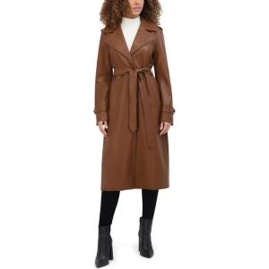 imageKenneth Cole Womens Faux Leather Belted Duster with Whip Stitch Detail ampamp Notched CollarCognac