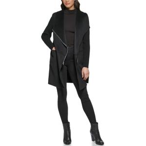 imageKenneth Cole Womens Asymmetrical Zip Front Double Face Wool with Rib Knit Sleeve CoatBlack