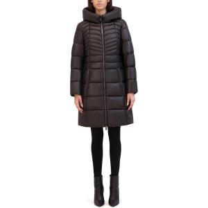imageKenneth Cole Womens Mid Length Mixed Quilted Puffer with Faux Fur Trimmed HoodBlack