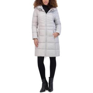 imageKenneth Cole Womens Mid Length Mixed Quilted Puffer with Faux Fur Trimmed HoodSilver