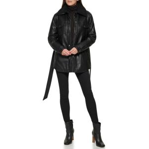 imageKenneth Cole Womens Modern Updated Shacket Belted Trench FauxLeatherShacket Black