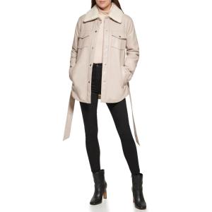imageKenneth Cole Womens Modern Updated Shacket Belted Trench FauxLeatherShacket Bone