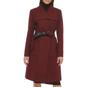 imageCole Haan Womens Belted Coat Wool with Cuff DetailsBurgundy