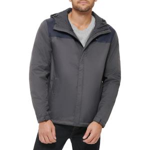 imageTommy Hilfiger Mens Lightweight Breathable Waterproof Hooded Rain JacketCharcoalNavy Colorblock