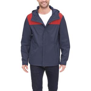 imageTommy Hilfiger Mens Lightweight Breathable Waterproof Hooded Rain JacketNavyRed Colorblock