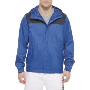 imageTommy Hilfiger Mens Lightweight Breathable Waterproof Hooded Rain JacketRoyal BlueNavy Colorblock