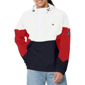 imageTommy Hilfiger Mens Retro Lightweight Taslan Hooded Popover Water Resistant Windbreaker JacketTricolor MidnightIceRed