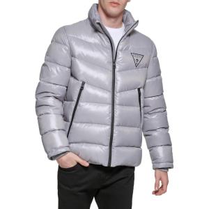 imageGUESS Mens MidWeight Puffer Jacket with Removable HoodSilver