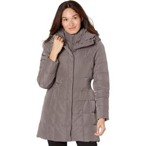 imageCole Haan Womens Taffeta Down Coat with Bib Front and Dramatic HoodCarbon