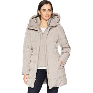 imageCole Haan Womens Taffeta Down Coat with Bib Front and Dramatic HoodCashew