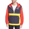 imageTommy Hilfiger Mens Retro Lightweight Taslan Hooded Popover Water Resistant Windbreaker JacketNavyYellowRed Crest Color Block