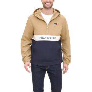 imageTommy Hilfiger Mens Retro Lightweight Taslan Hooded Popover Water Resistant Windbreaker JacketKhaki