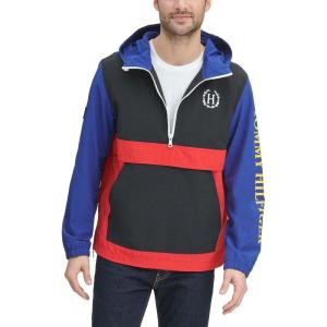 imageTommy Hilfiger Mens Retro Lightweight Taslan Hooded Popover Water Resistant Windbreaker JacketNavyRedRoyal Crest Color Block
