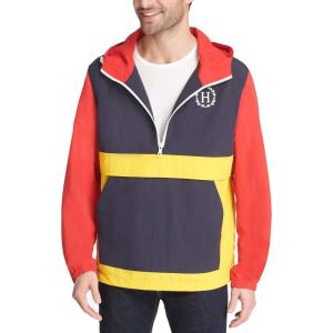 imageTommy Hilfiger Mens Retro Lightweight Taslan Hooded Popover Water Resistant Windbreaker JacketNavyYellowRed Crest Color Block