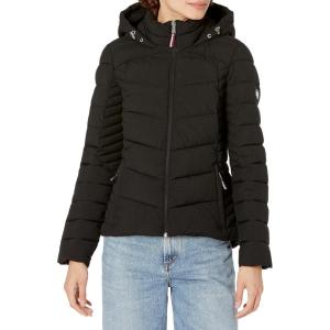 imageTommy Hilfiger Womens Hooded Zip Front Short Packable JacketCharcoal Black